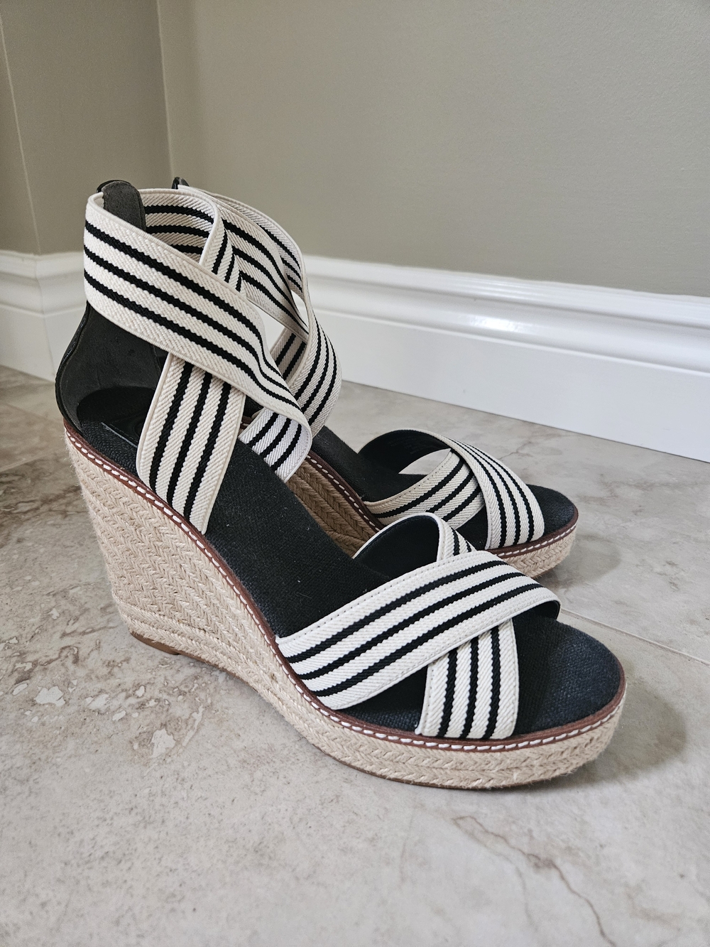Tory Burch Black and White Striped Espadrille Wedge Sandals